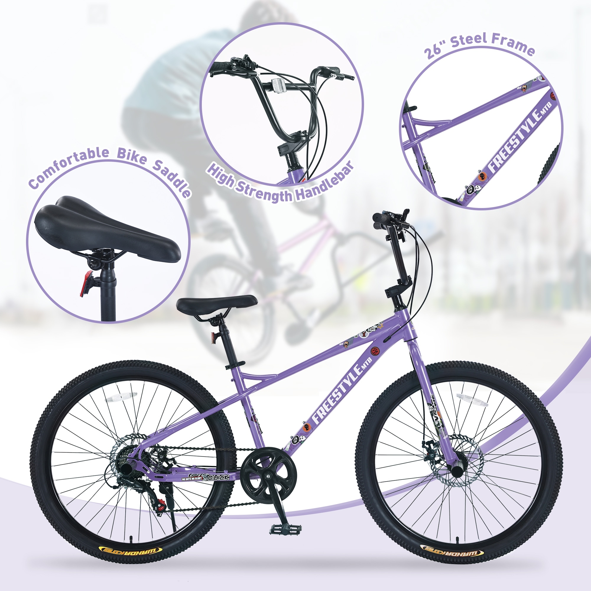 Sports Bikes Purple Slip Resistant Bikes Kids Bike Leisure Bikes with Double Disc Brakes 26 Inch for Boys Girls Age 12 Years